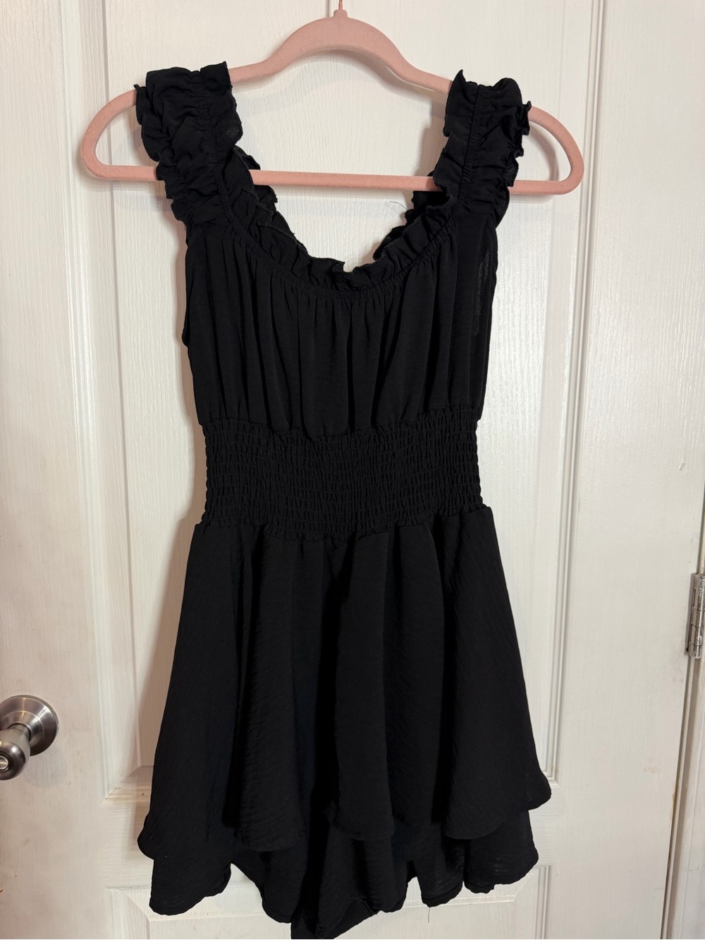Pie in the Sky Black Ruffle Strap Smocked Mini Romper